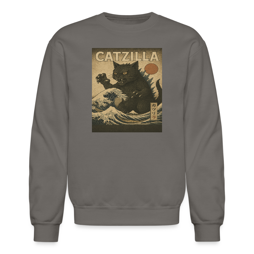 Ukiyo-e Catzilla Retro Japanese Monster Cat Crewneck Sweatshirt - asphalt gray