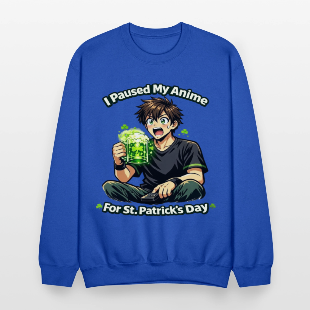 I Paused My Anime for St Patrick’s Day Meme Crewneck Sweatshirt – Funny Anime Humor Shamrock Green Otaku Holiday Sweatshirt - royal blue