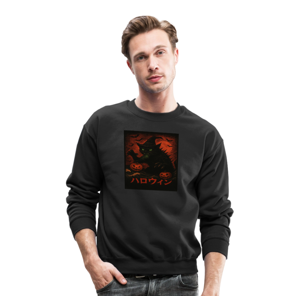 Scary Catzilla Halloween Dark Design Crewneck Sweatshirt - black