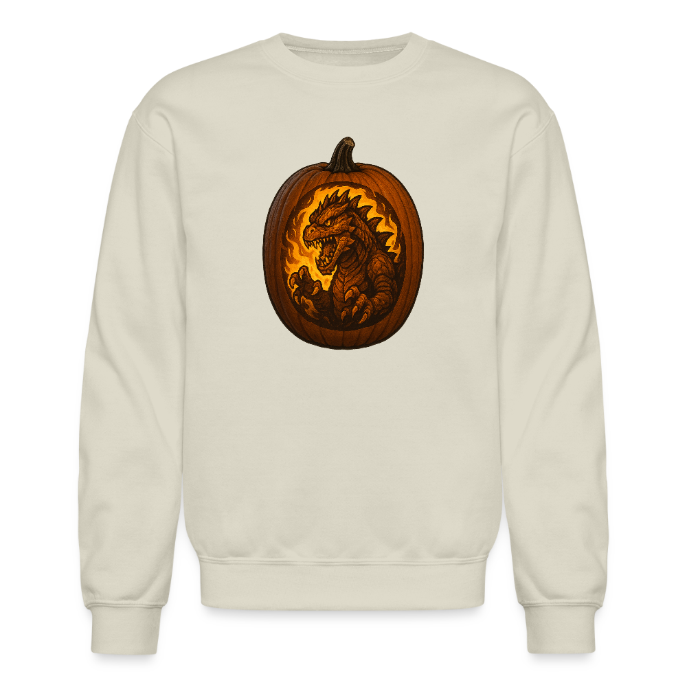 Roaring Kaiju Pumpkin Flame Artwork Crewneck Sweatshirt - Sand