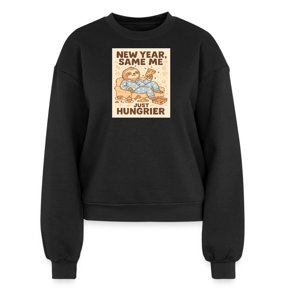 New Year Same Me Just Hungrier Sloth Sweatshirt – Funny Foodie Humor Women’s Fleece Crewneck, Cozy Cute Animal New Year Outfit - black