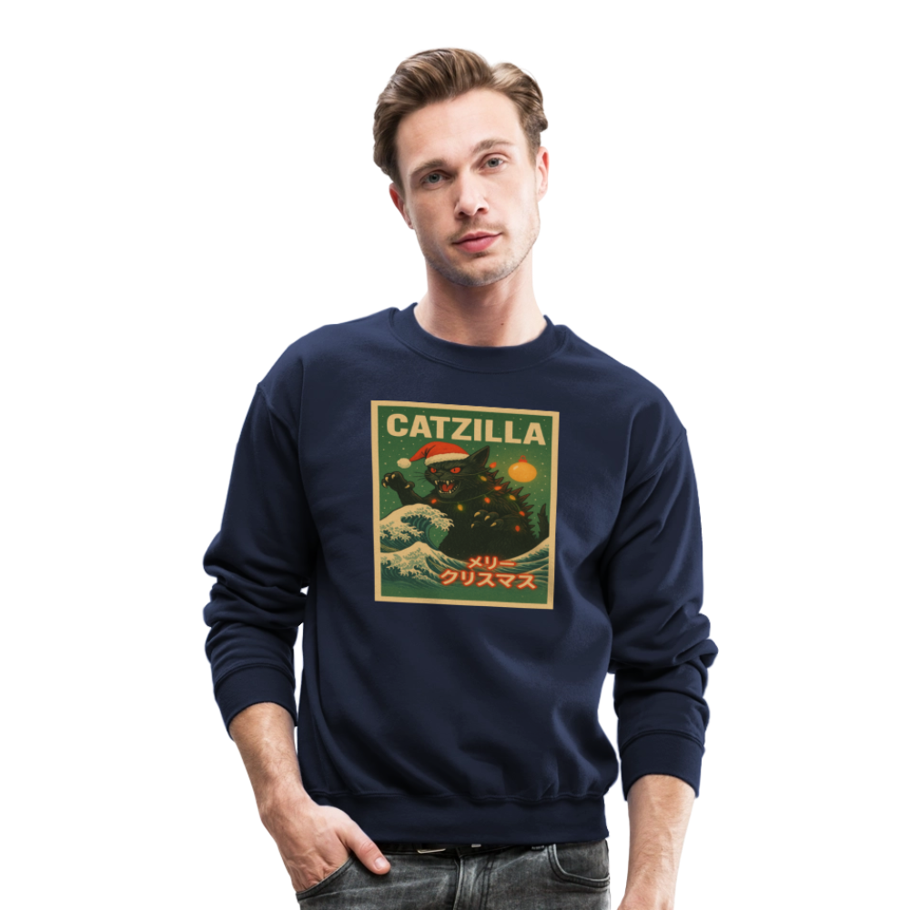Funny Catzilla Christmas Retro Design Crewneck Sweatshirt - navy