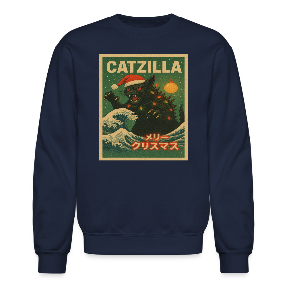 Funny Catzilla Christmas Retro Design Crewneck Sweatshirt - navy