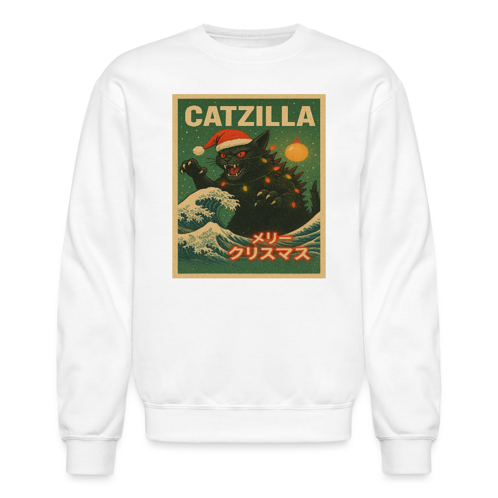 Funny Catzilla Christmas Retro Design Crewneck Sweatshirt - white