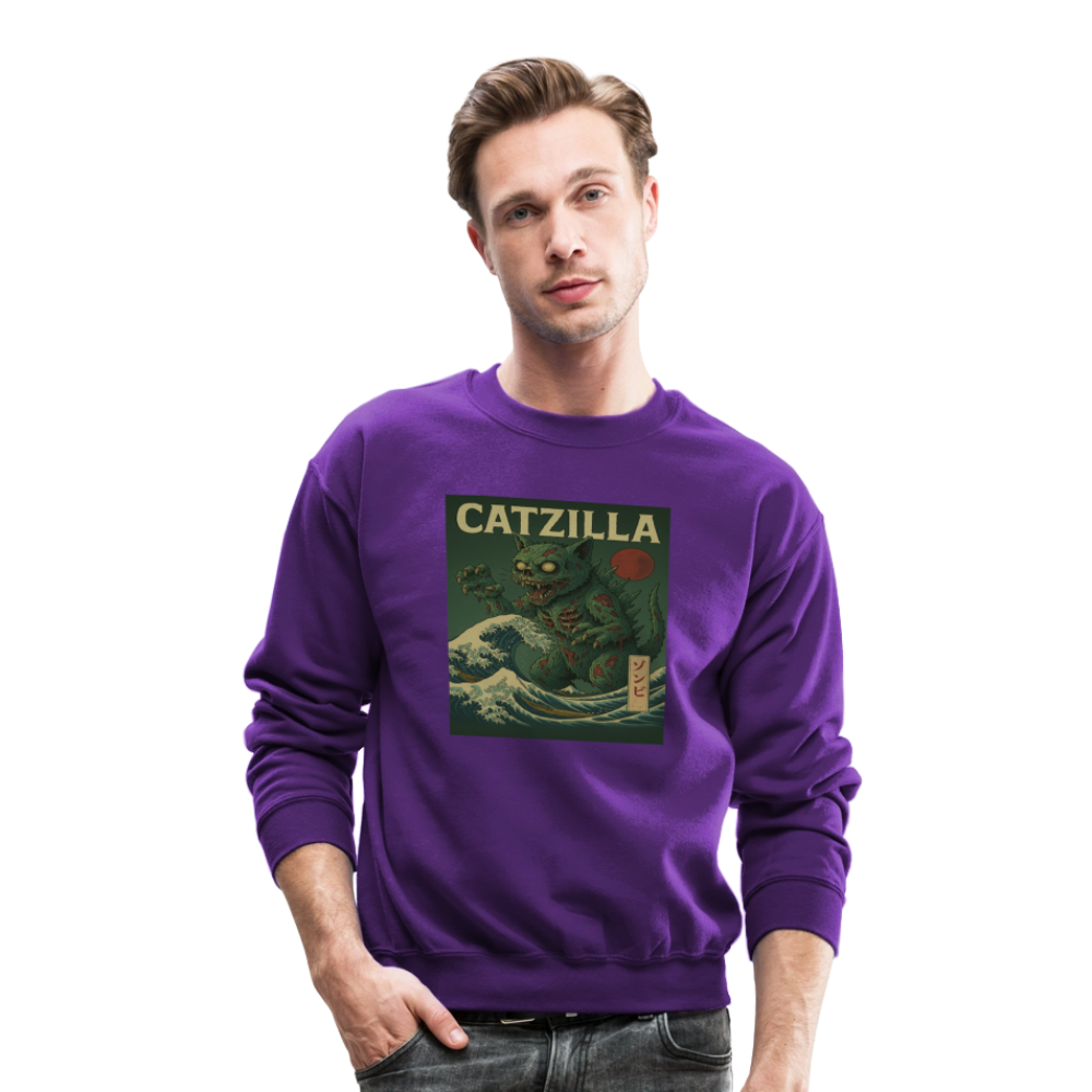 Zombie Catzilla Meme Horror Design Crewneck Sweatshirt - purple