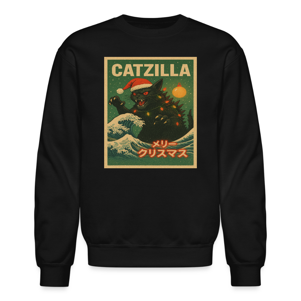 Funny Catzilla Christmas Retro Design Crewneck Sweatshirt - black
