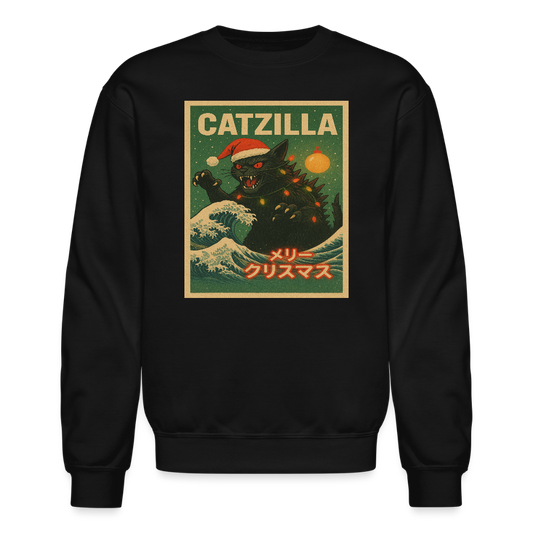 Funny Catzilla Christmas Retro Design Crewneck Sweatshirt - black