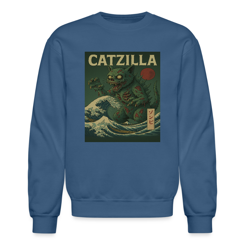 Zombie Catzilla Meme Horror Design Crewneck Sweatshirt - indigo blue
