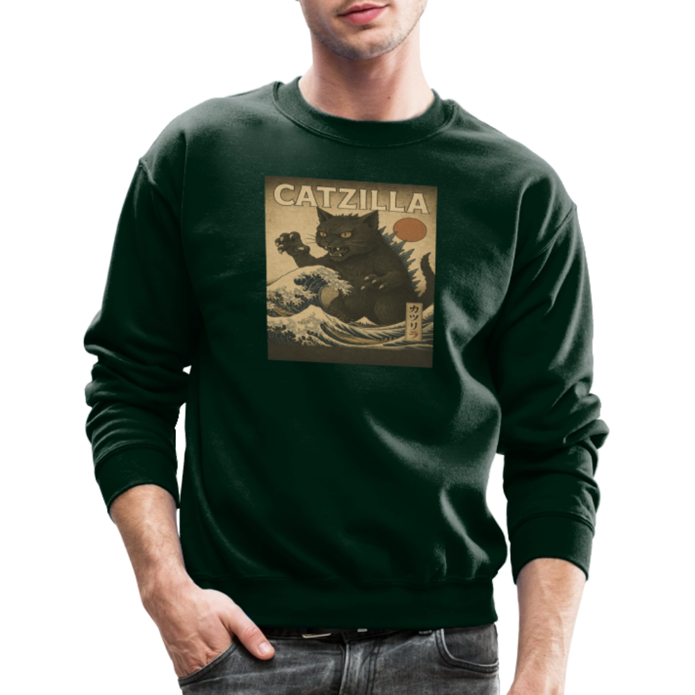 Ukiyo-e Catzilla Retro Japanese Monster Cat Crewneck Sweatshirt - forest green