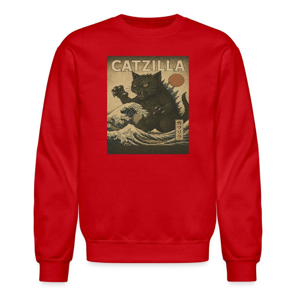 Ukiyo-e Catzilla Retro Japanese Monster Cat Crewneck Sweatshirt - red