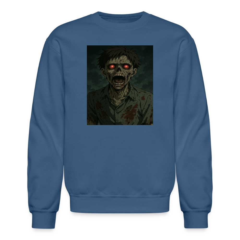 Scary Anime Zombie With Glowing Eyes Horror Art Crewneck Sweatshirt - indigo blue