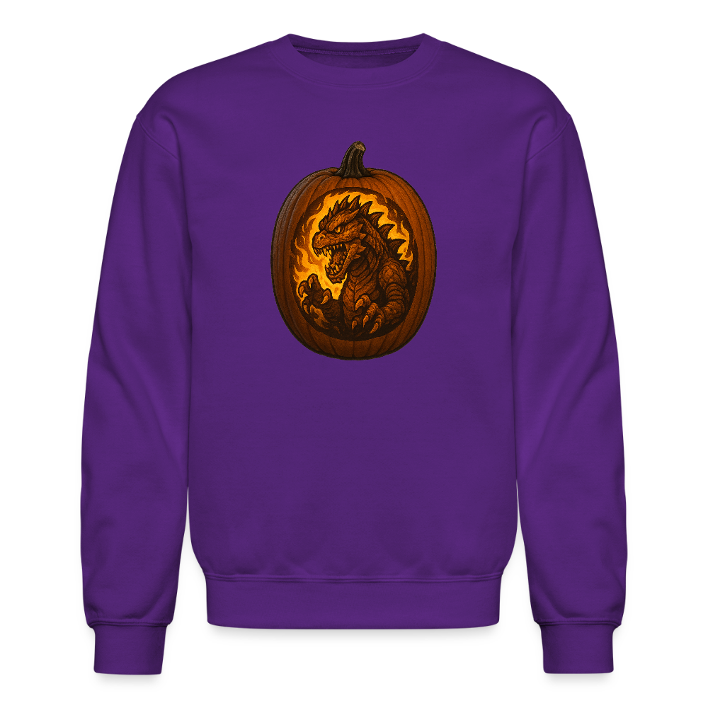 Roaring Kaiju Pumpkin Flame Artwork Crewneck Sweatshirt - purple