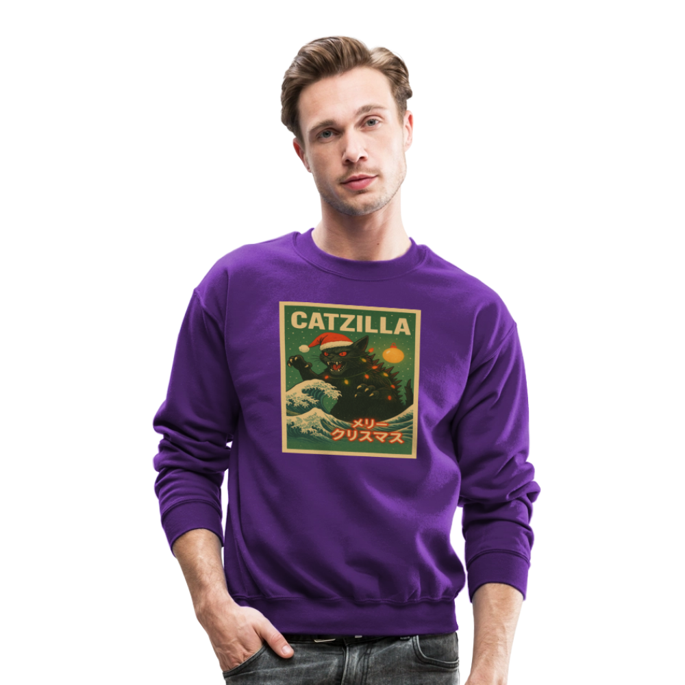 Funny Catzilla Christmas Retro Design Crewneck Sweatshirt - purple
