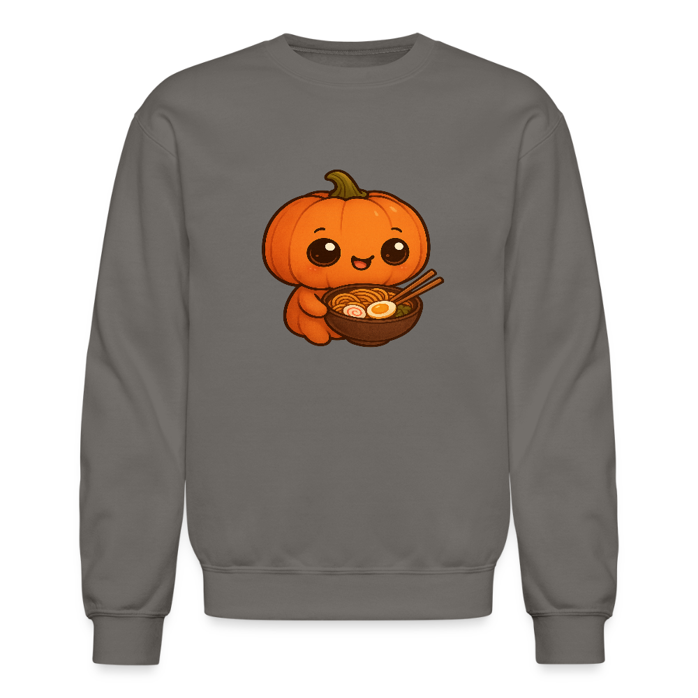 Chibi Pumpkin with Ramen Bowl Kawaii Art Crewneck Sweatshirt - asphalt gray