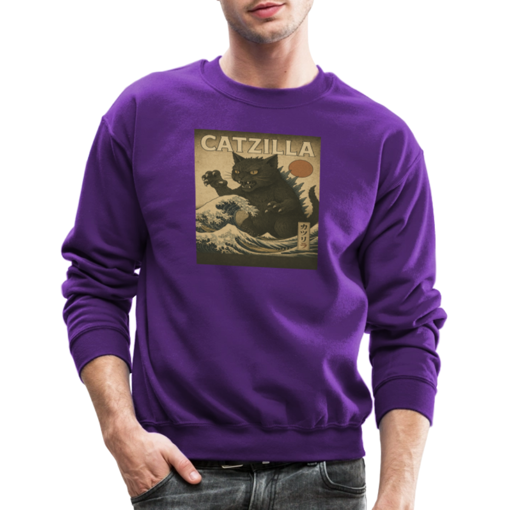 Ukiyo-e Catzilla Retro Japanese Monster Cat Crewneck Sweatshirt - purple