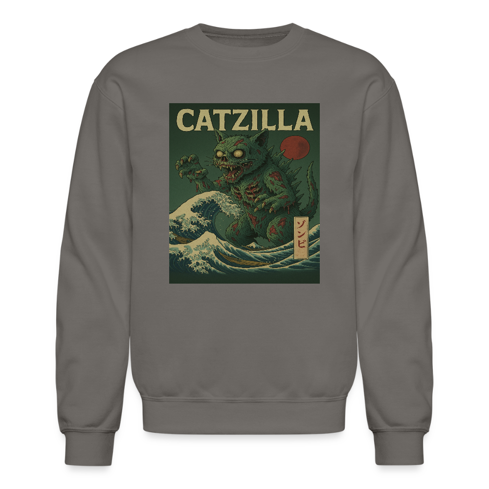 Zombie Catzilla Meme Horror Design Crewneck Sweatshirt - asphalt gray