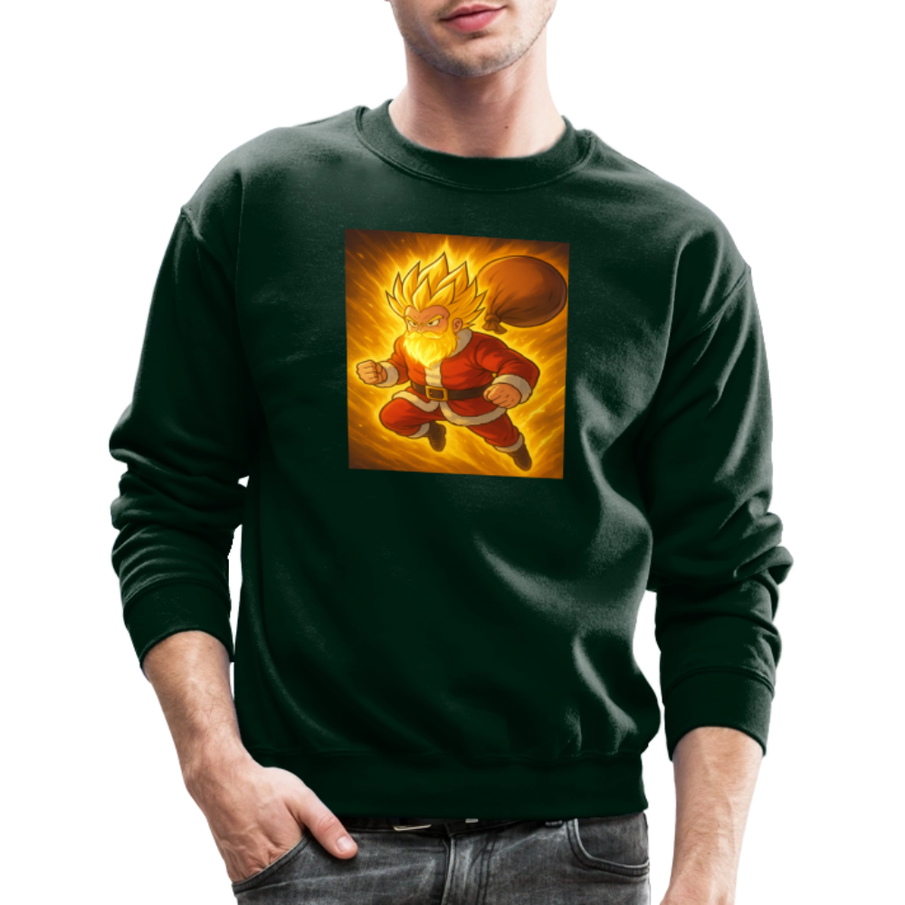Super Powered Santa Anime Meme Crewneck Sweatshirt - forest green