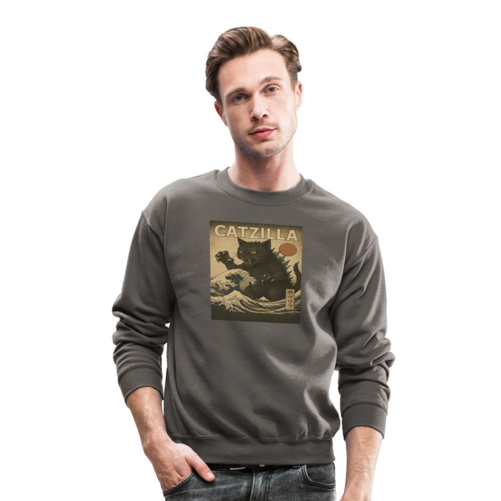 Ukiyo-e Catzilla Retro Japanese Monster Cat Crewneck Sweatshirt - asphalt gray