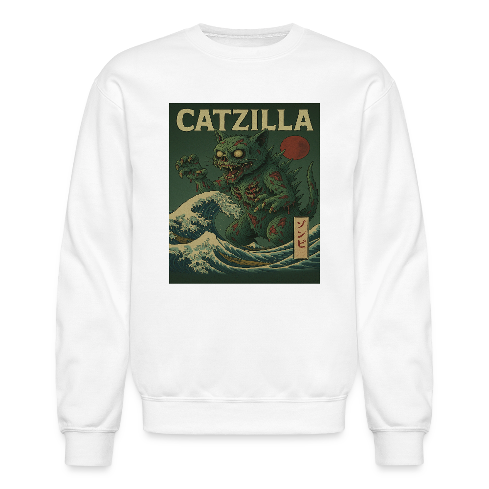 Zombie Catzilla Meme Horror Design Crewneck Sweatshirt - white