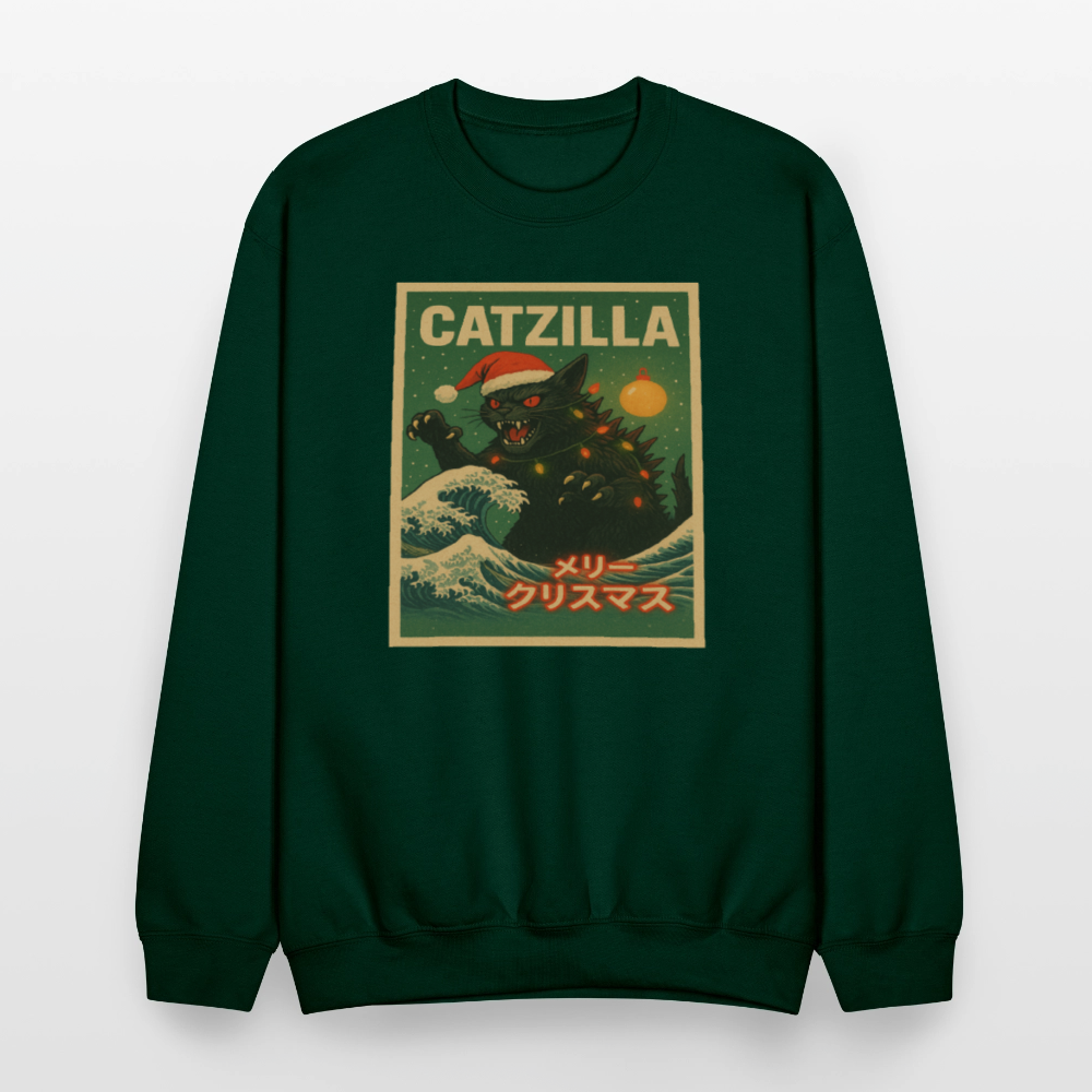 Funny Catzilla Christmas Retro Design Crewneck Sweatshirt - forest green