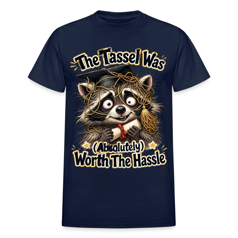 Funny Raccoon Graduation Design, Tassel Worth the Hassle Graduate Gift, Cute Animal Commencement Humor for Seniors & Students Gildan Ultra Cotton Adult T-Shirt - navy