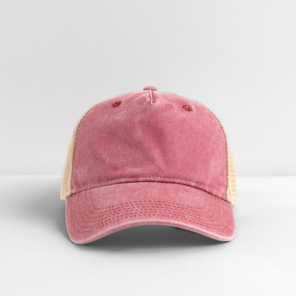 Customizable Pigment Dyed Trucker Hat ADD YOUR OWN PHOTO, IMAGES, DESIGNS, QUOTES AND MORE - washed red/beige