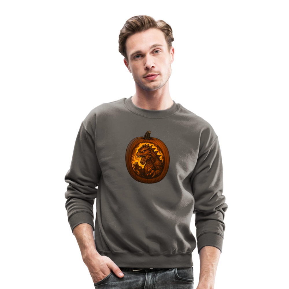 Roaring Kaiju Pumpkin Flame Artwork Crewneck Sweatshirt - asphalt gray