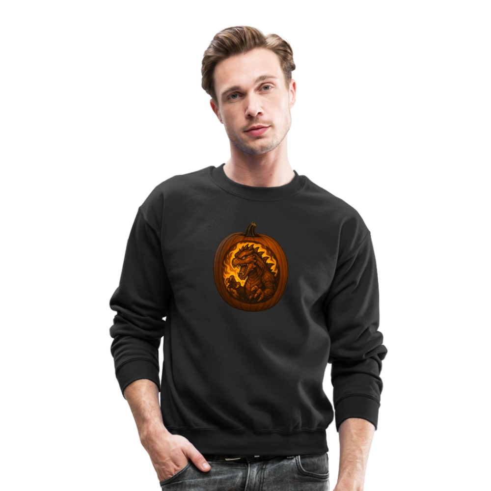 Roaring Kaiju Pumpkin Flame Artwork Crewneck Sweatshirt - black