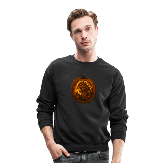 Roaring Kaiju Pumpkin Flame Artwork Crewneck Sweatshirt - black