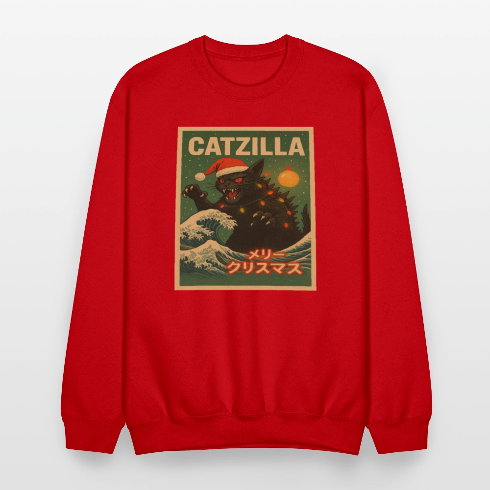 Funny Catzilla Christmas Retro Design Crewneck Sweatshirt - red