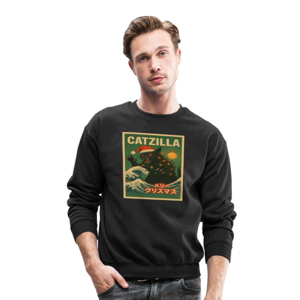 Funny Catzilla Christmas Retro Design Crewneck Sweatshirt - black