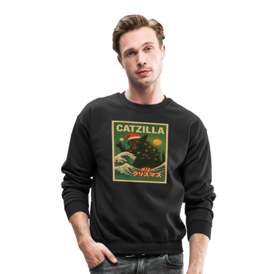 Funny Catzilla Christmas Retro Design Crewneck Sweatshirt - black