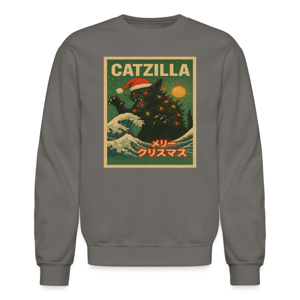 Funny Catzilla Christmas Retro Design Crewneck Sweatshirt - asphalt gray