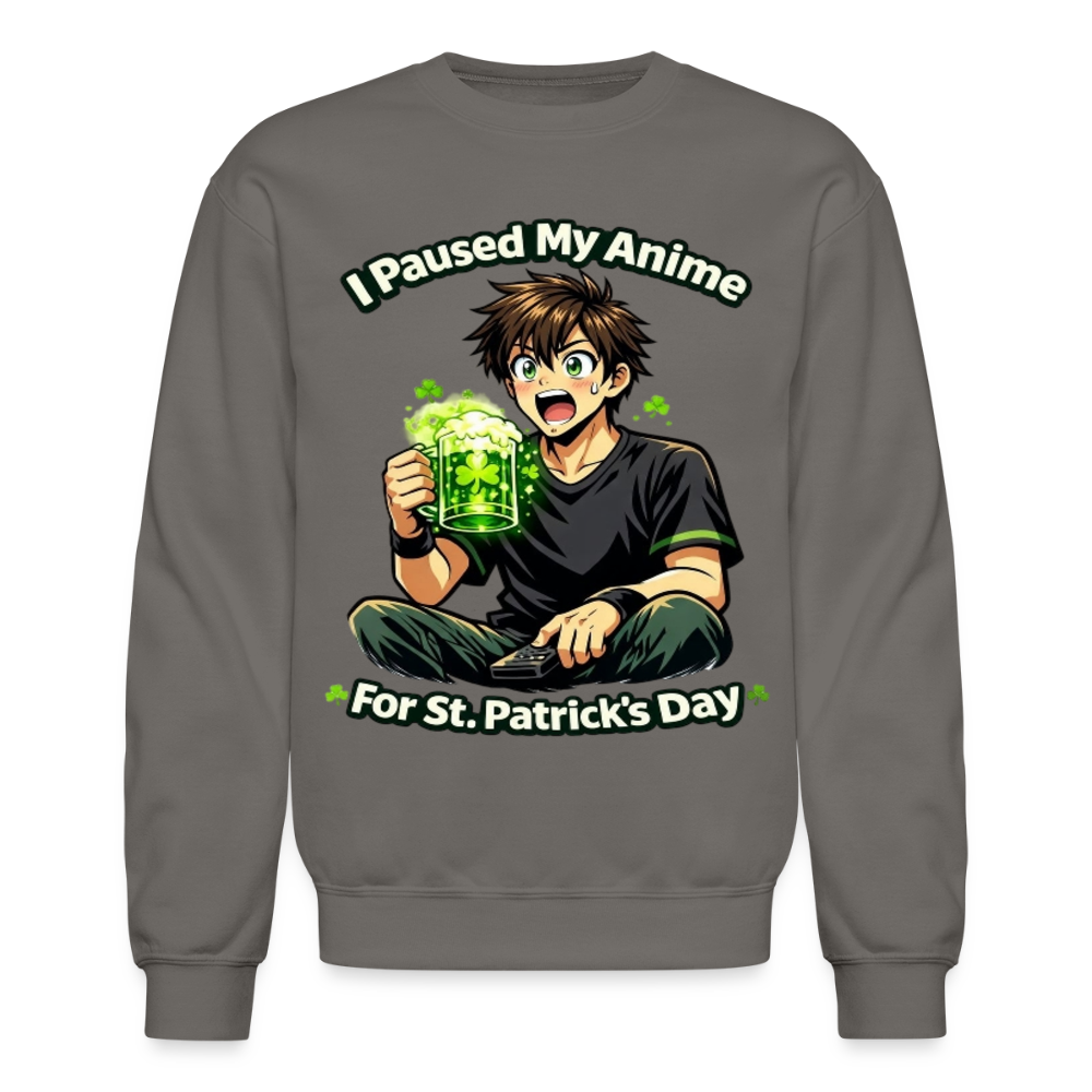 I Paused My Anime for St Patrick’s Day Meme Crewneck Sweatshirt – Funny Anime Humor Shamrock Green Otaku Holiday Sweatshirt - asphalt gray