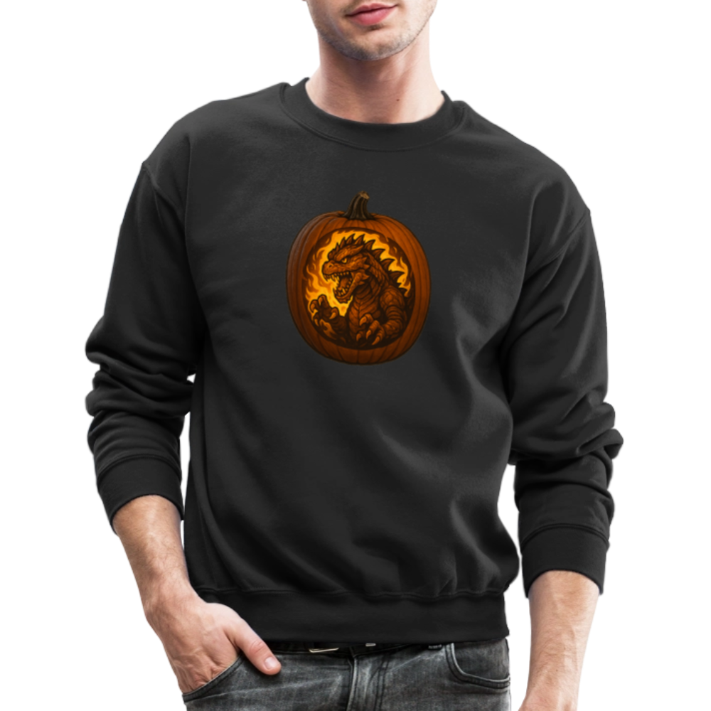 Roaring Kaiju Pumpkin Flame Artwork Crewneck Sweatshirt - black