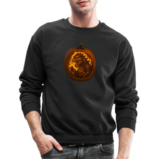 Roaring Kaiju Pumpkin Flame Artwork Crewneck Sweatshirt - black