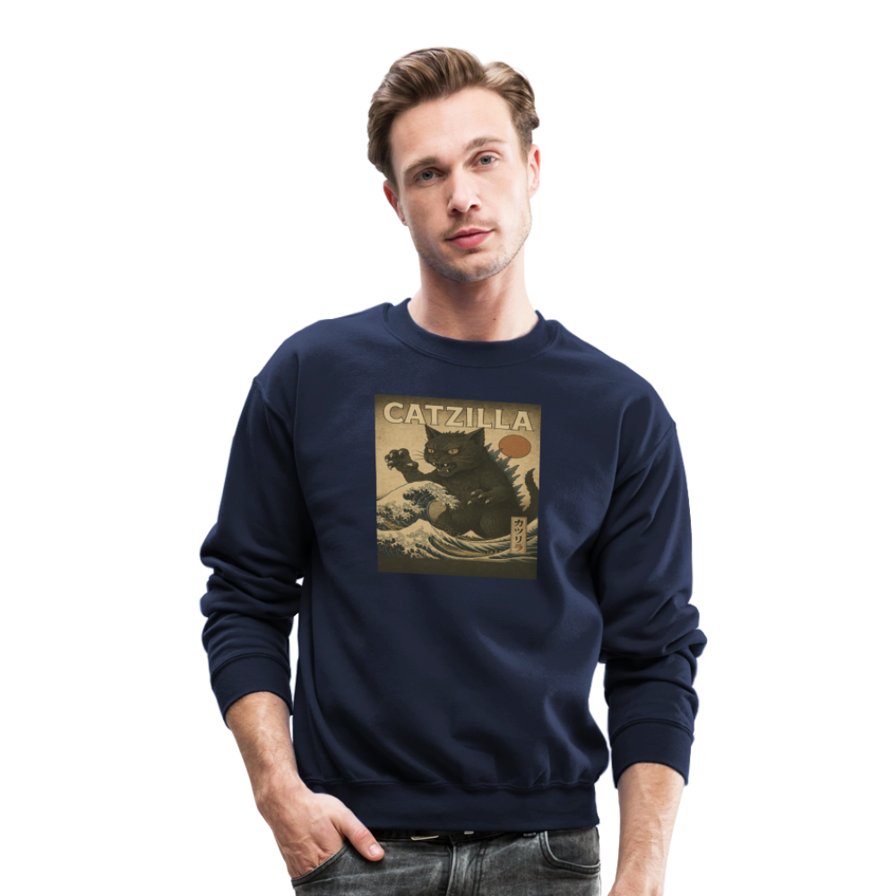 Ukiyo-e Catzilla Retro Japanese Monster Cat Crewneck Sweatshirt - navy
