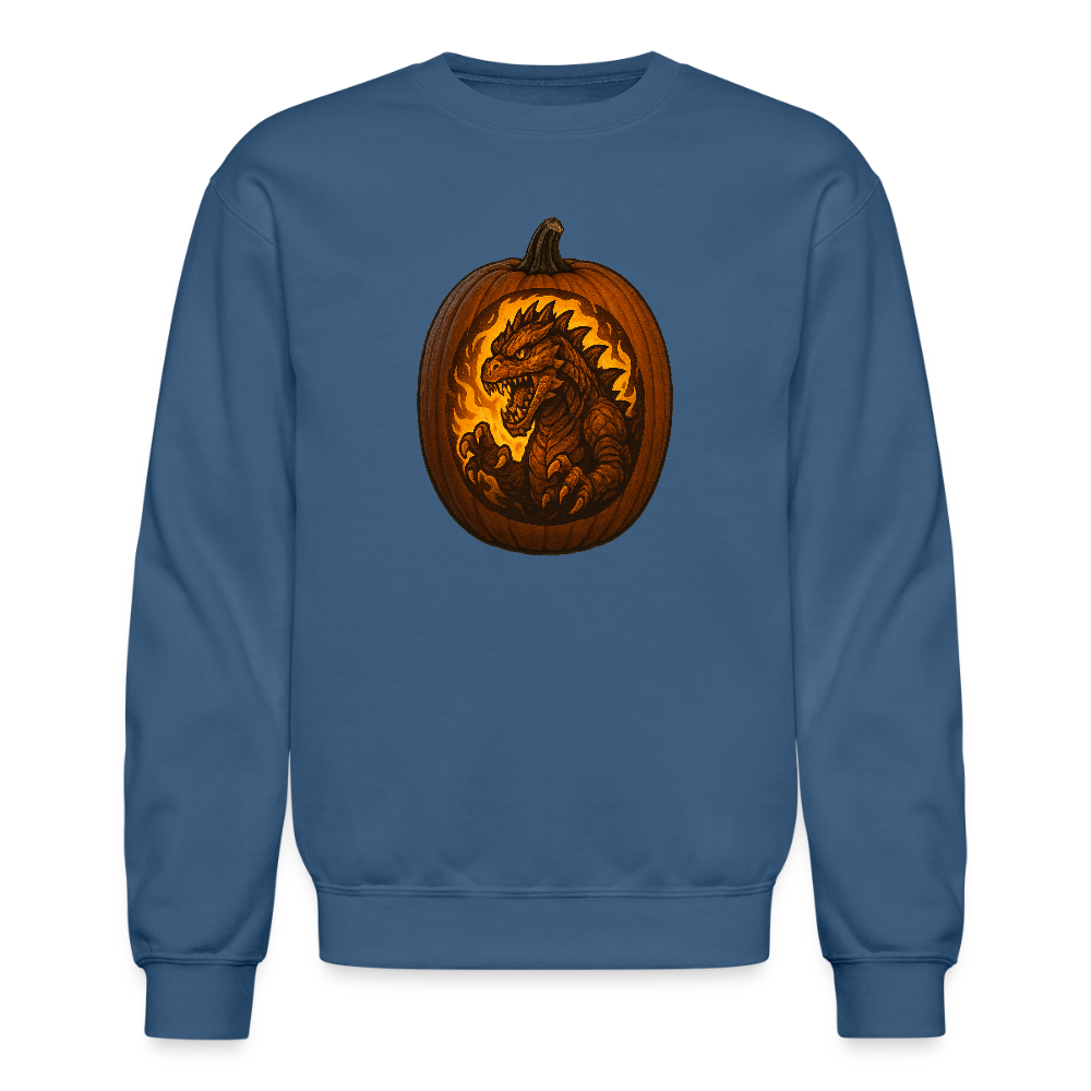 Roaring Kaiju Pumpkin Flame Artwork Crewneck Sweatshirt - indigo blue