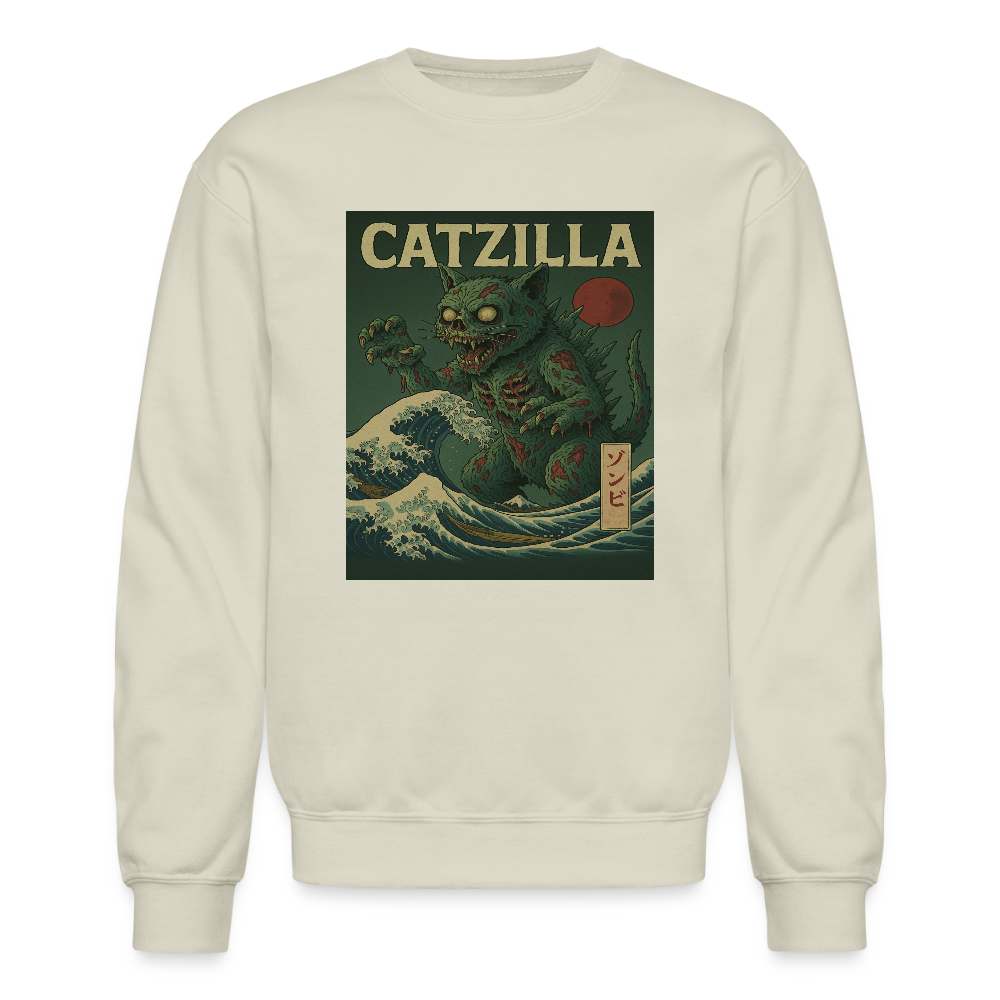 Zombie Catzilla Meme Horror Design Crewneck Sweatshirt - Sand