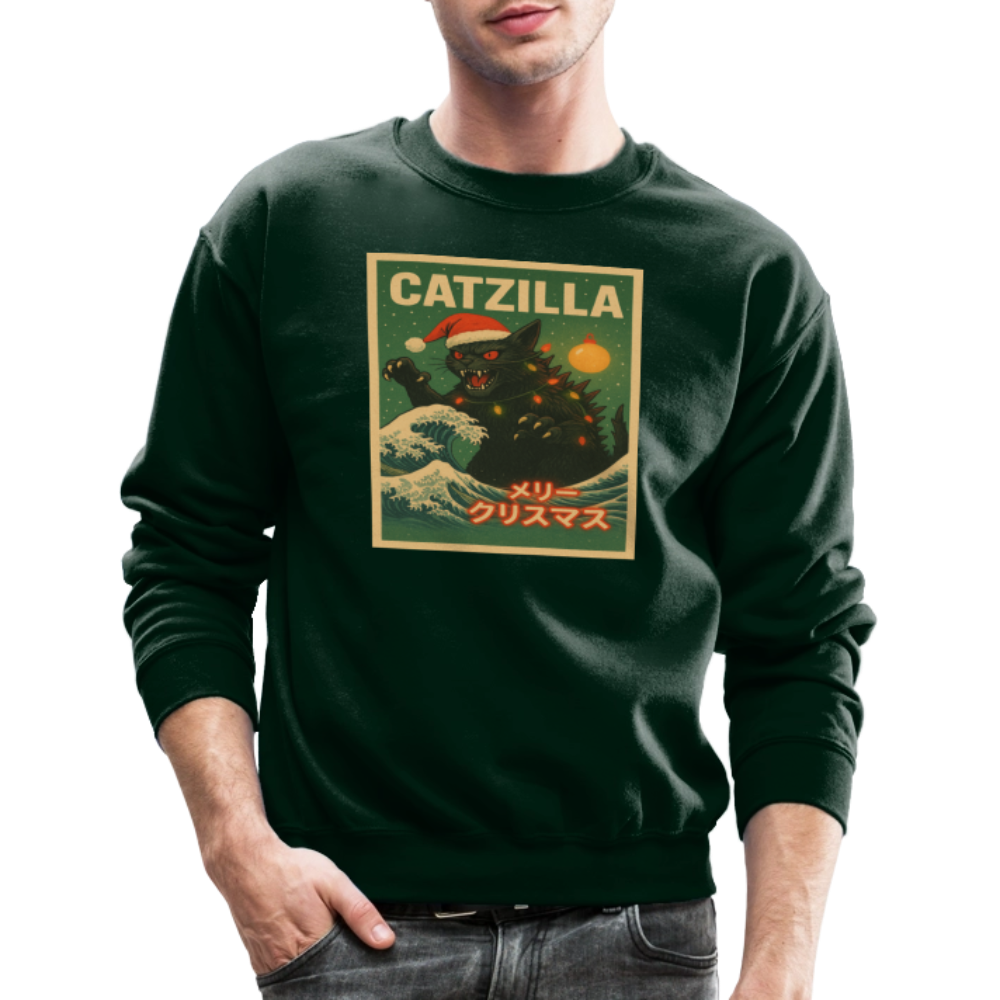 Funny Catzilla Christmas Retro Design Crewneck Sweatshirt - forest green