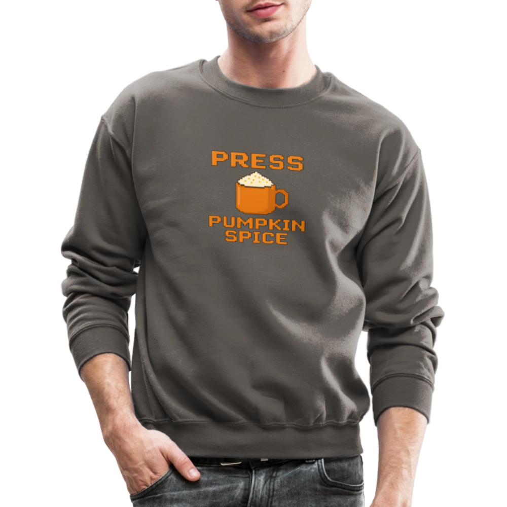 Press Pumpkin Spice Funny Gamer Meme Crewneck Sweatshirt - asphalt gray