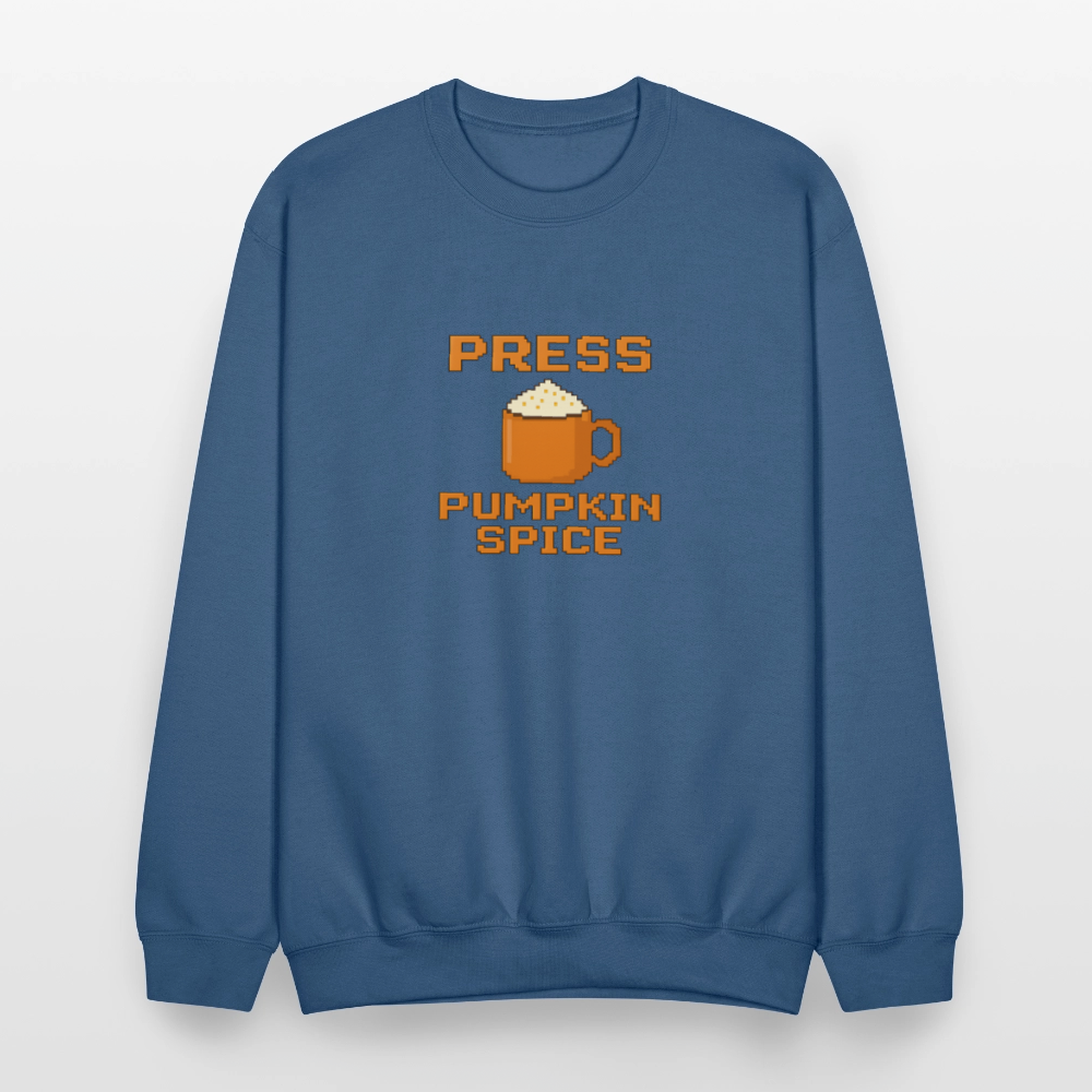 Press Pumpkin Spice Funny Gamer Meme Crewneck Sweatshirt - indigo blue