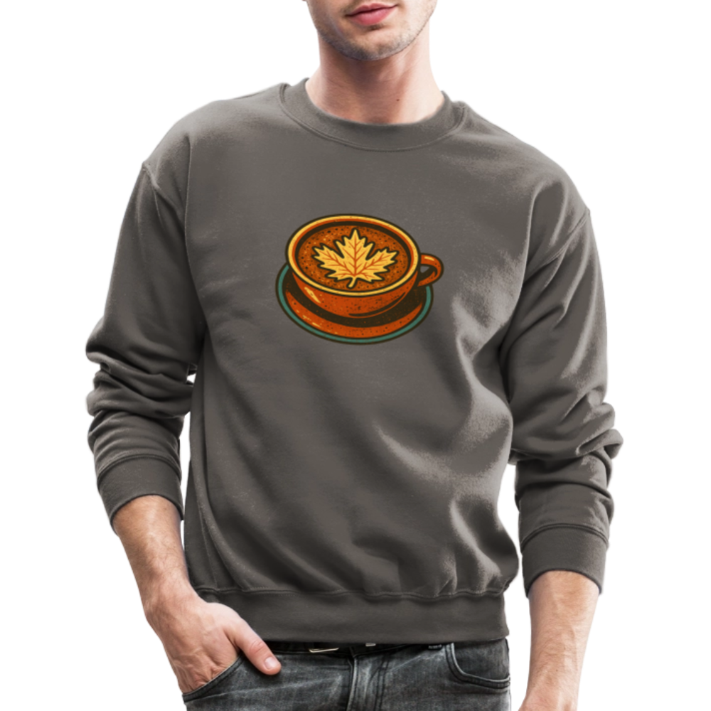Autumn Coffee Cup with Maple Leaf Art Crewneck Sweatshirt - asphalt gray