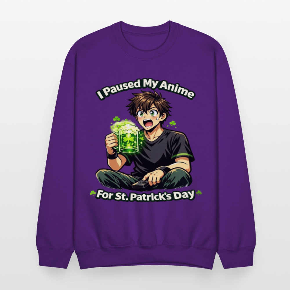 I Paused My Anime for St Patrick’s Day Meme Crewneck Sweatshirt – Funny Anime Humor Shamrock Green Otaku Holiday Sweatshirt - purple