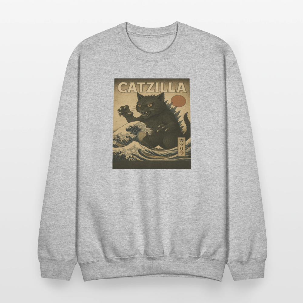 Ukiyo-e Catzilla Retro Japanese Monster Cat Crewneck Sweatshirt - heather gray