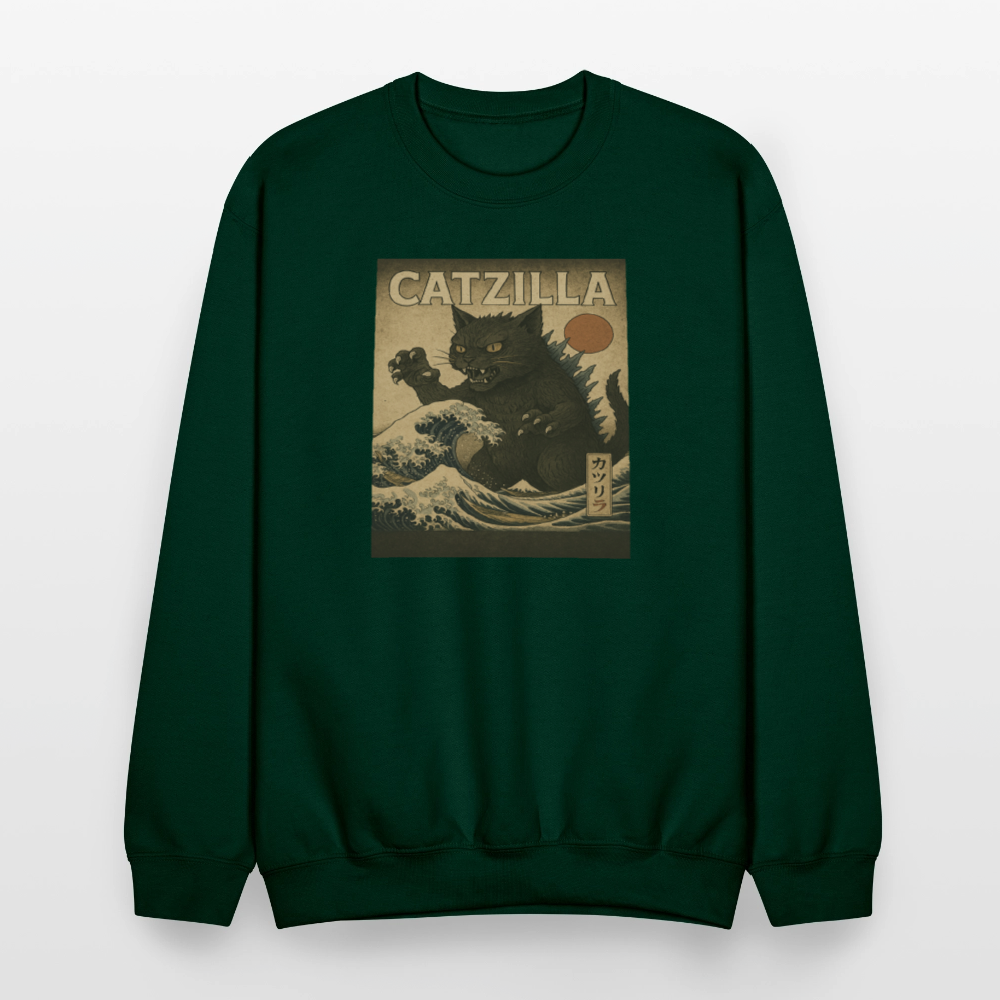 Ukiyo-e Catzilla Retro Japanese Monster Cat Crewneck Sweatshirt - forest green