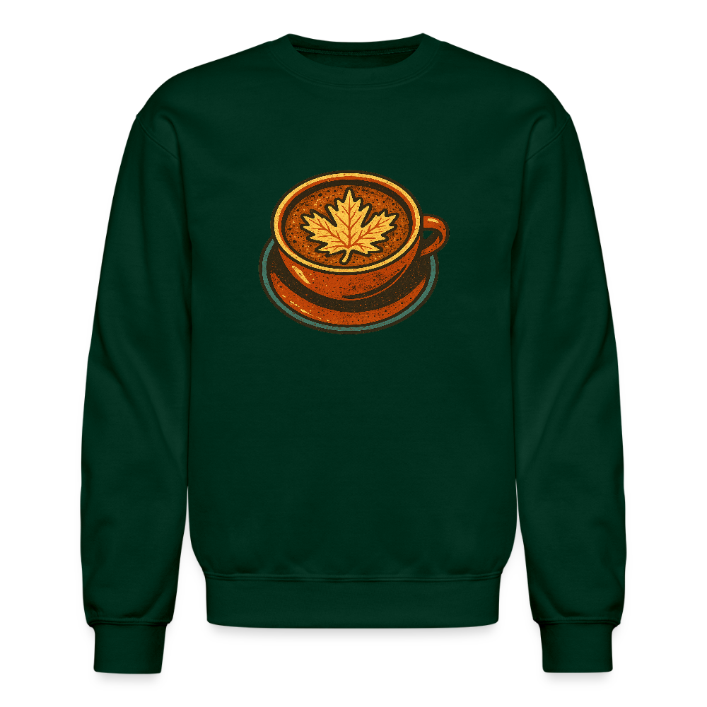 Autumn Coffee Cup with Maple Leaf Art Crewneck Sweatshirt - forest green