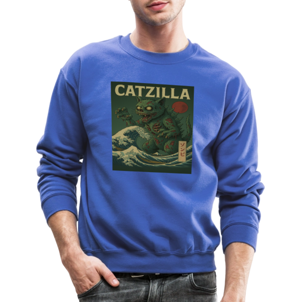 Zombie Catzilla Meme Horror Design Crewneck Sweatshirt - royal blue