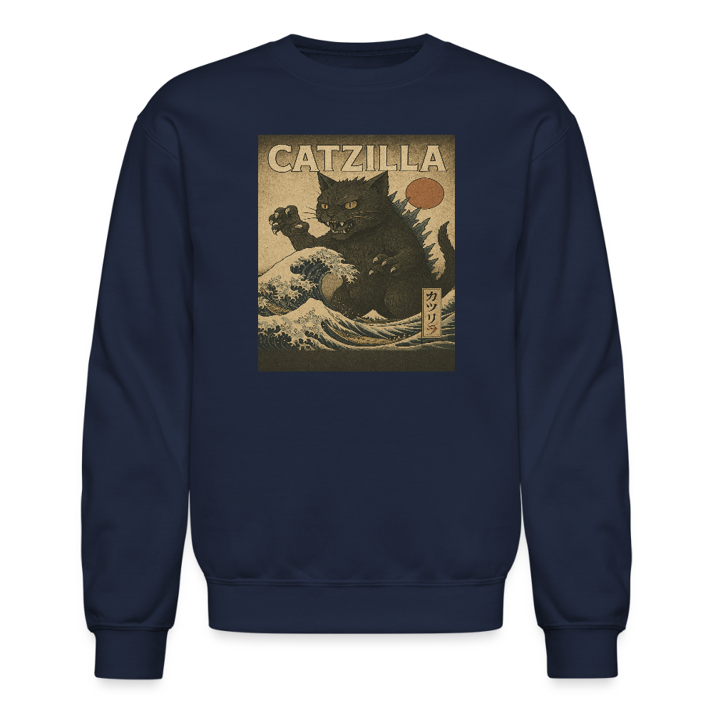 Ukiyo-e Catzilla Retro Japanese Monster Cat Crewneck Sweatshirt - navy