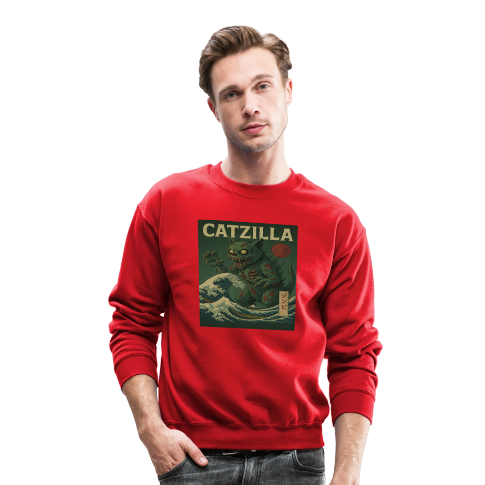Zombie Catzilla Meme Horror Design Crewneck Sweatshirt - red